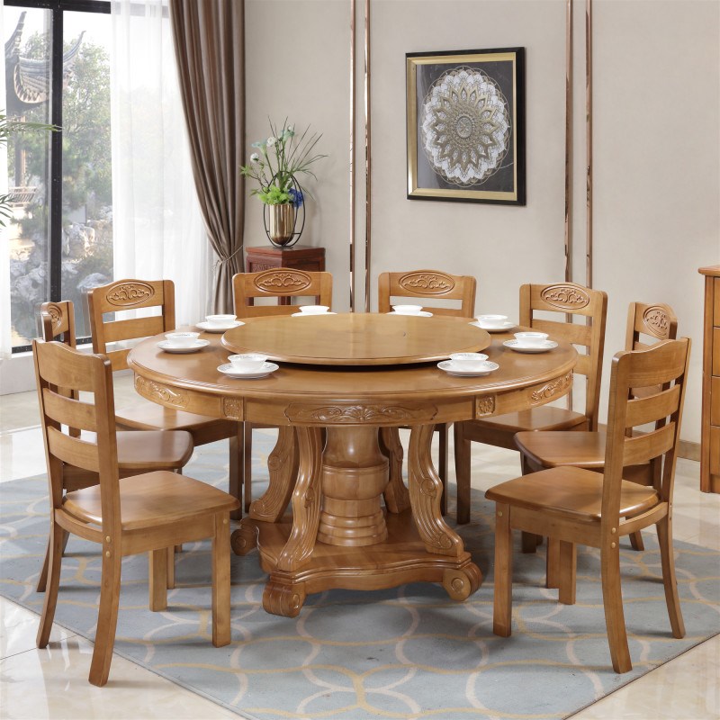 1.8/1.2/1米实木圆形餐桌椅组合家用6人M带转盘橡木吃饭大园圆桌