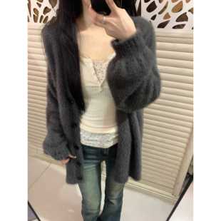 pupyoo慵领懒风时尚貂绒毛衣女外秋LOA冬新p款宽套松纯色V上衣