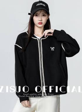 黑色棒球服外套女春秋2链02克新款宽ATV松休闲百搭撞5色夹拉开衫