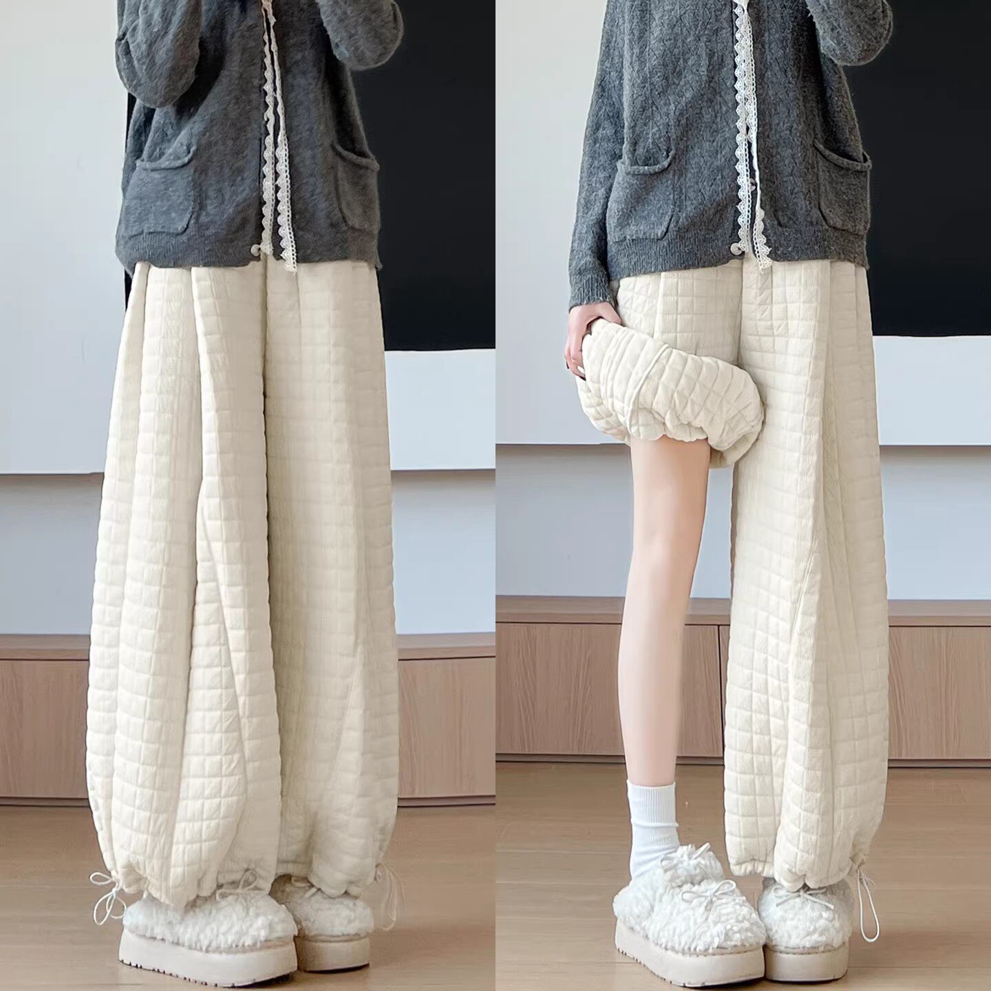 加绒格子阔腿棉裤女秋冬东北加绒加厚保暖防寒裤子休闲宽松灯笼裤