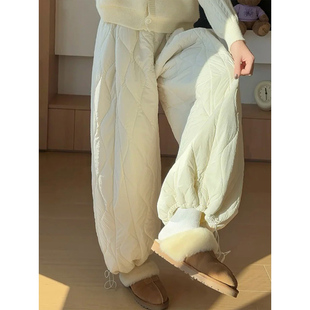 白色夹棉裤女冬季2025新款加绒加厚卫裤阔腿裤小个子高腰运动裤子