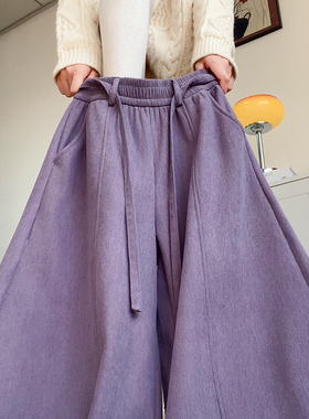 紫色灯芯绒抽绳弯刀裤女秋冬季新款高腰显瘦加绒直筒阔腿香蕉裤子