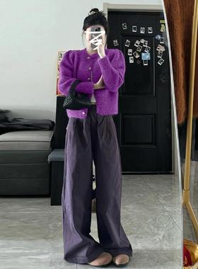 紫色毛衣针织衫外套女春秋季短02CAM4646352新款韩系慵懒高风级感