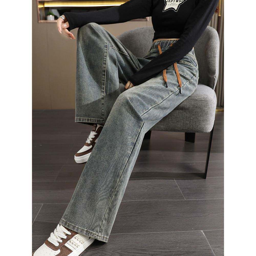 水泥灰阔腿牛仔裤0女H88012#3高腰春225新款直松紧腰大码筒拖秋地