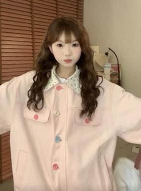 粉色碎花色撞领外套女春翻秋20RA1432225新宽松甜美可爱设计感小