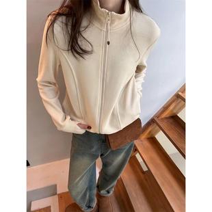 225春秋新款时尚洋气双百拉外MQY链立领双面德绒卫衣女纯0色搭开