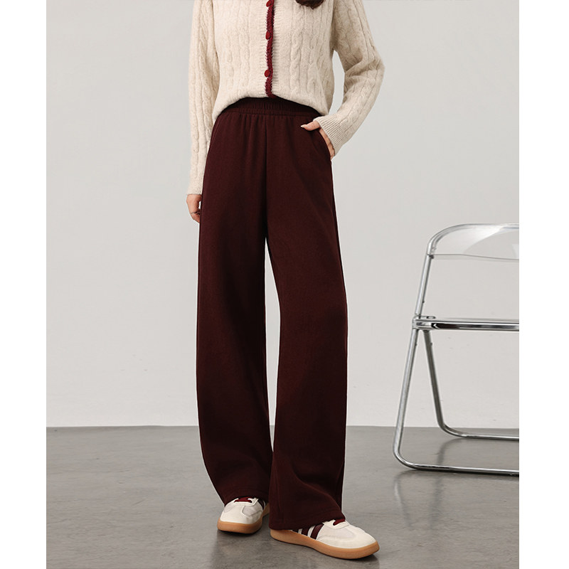 酒红羊毛糯米阔腿裤女秋冬2025新款高腰垂感加绒加厚窄版直筒裤子