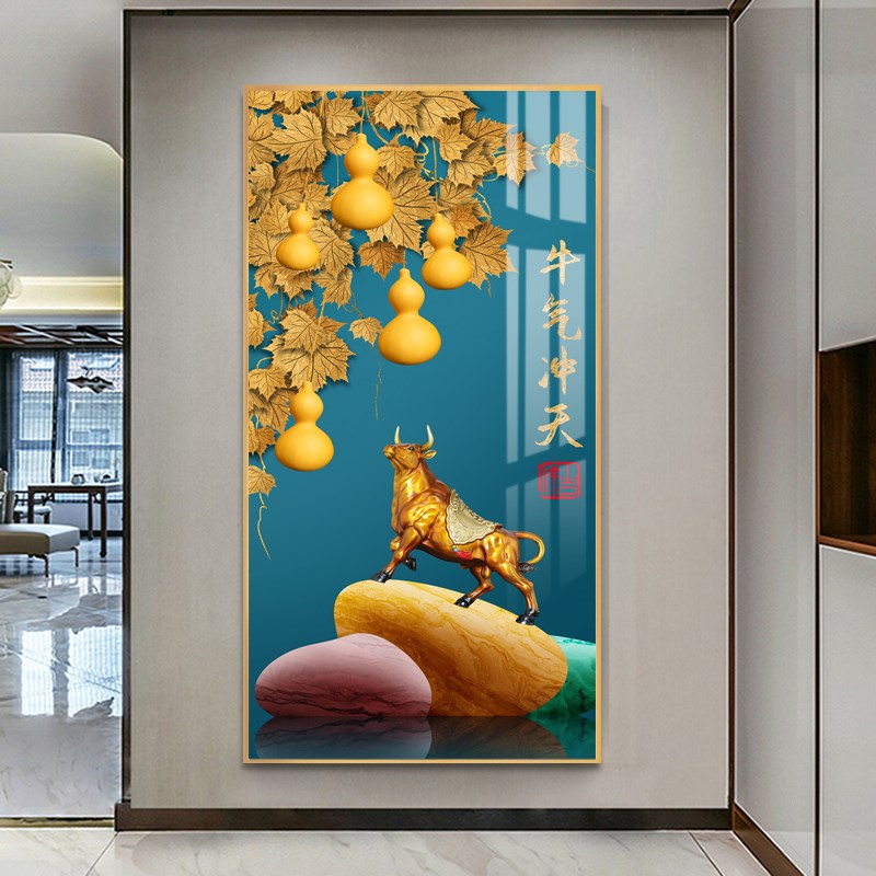 新中式玄关装饰画竖m版入户走廊尽头过道进门五福临门挂画牛气冲图片