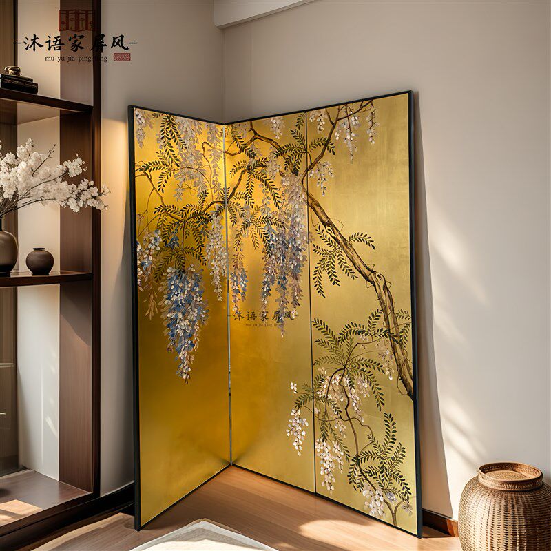 紫藤花手绘金箔漆画屏风花鸟法式折屏侘寂客厅茶室沙发日式中古风