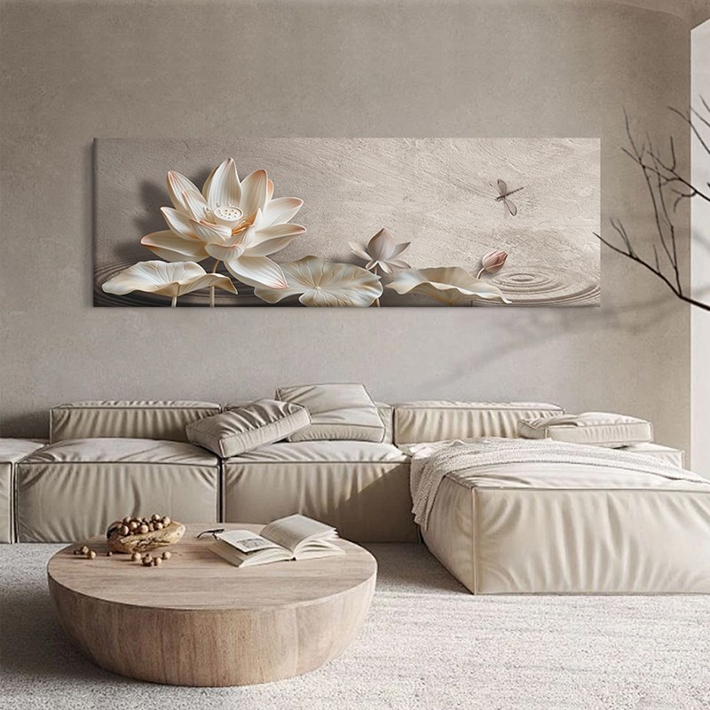 侘寂风玄关装饰画立体荷花沙发背景墙挂画高级感新中式客厅画横版图片
