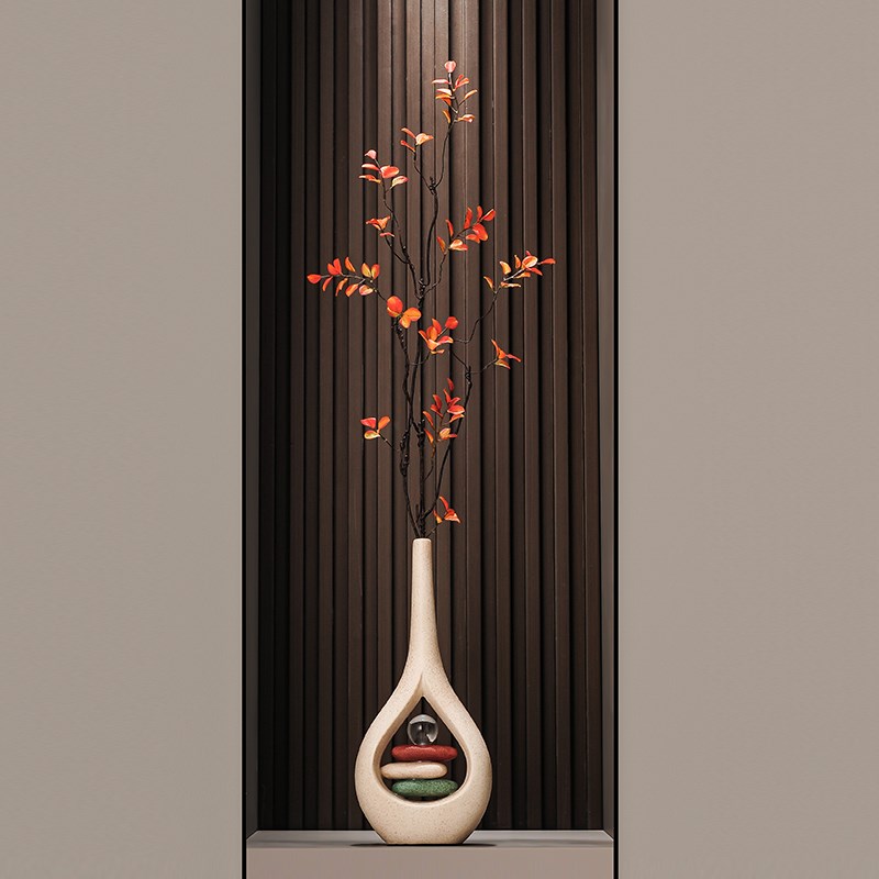 新中式招财陶瓷细长高花瓶壁龛入户玄关摆件客厅花艺高级感装饰品