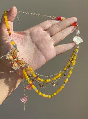 老货甜酷风蝴蝶项链女双层叠戴黄色串珠星星辣妹流苏锁骨链颈链