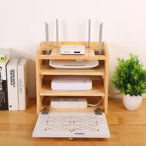 路由器收纳盒实木插排插座电源线收纳箱无线wifi光猫机顶盒置物架