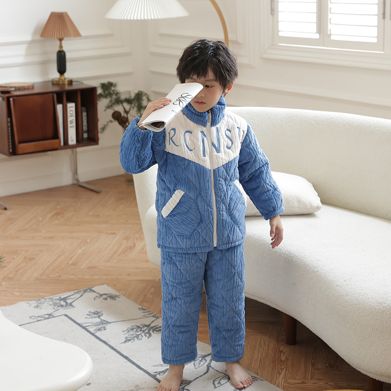 儿童睡衣冬季男童加绒加厚20x23新款三层夹棉法兰绒男孩家居服拉