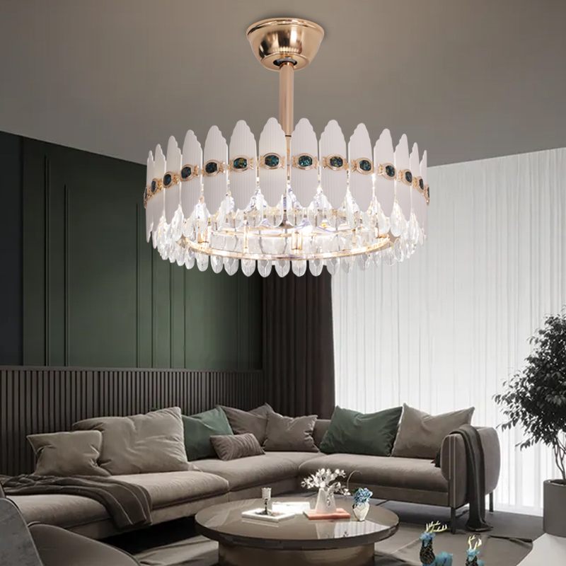 贝壳新款轻奢水晶风扇吊灯客厅餐厅智能语音控制遥控器变频铜电机