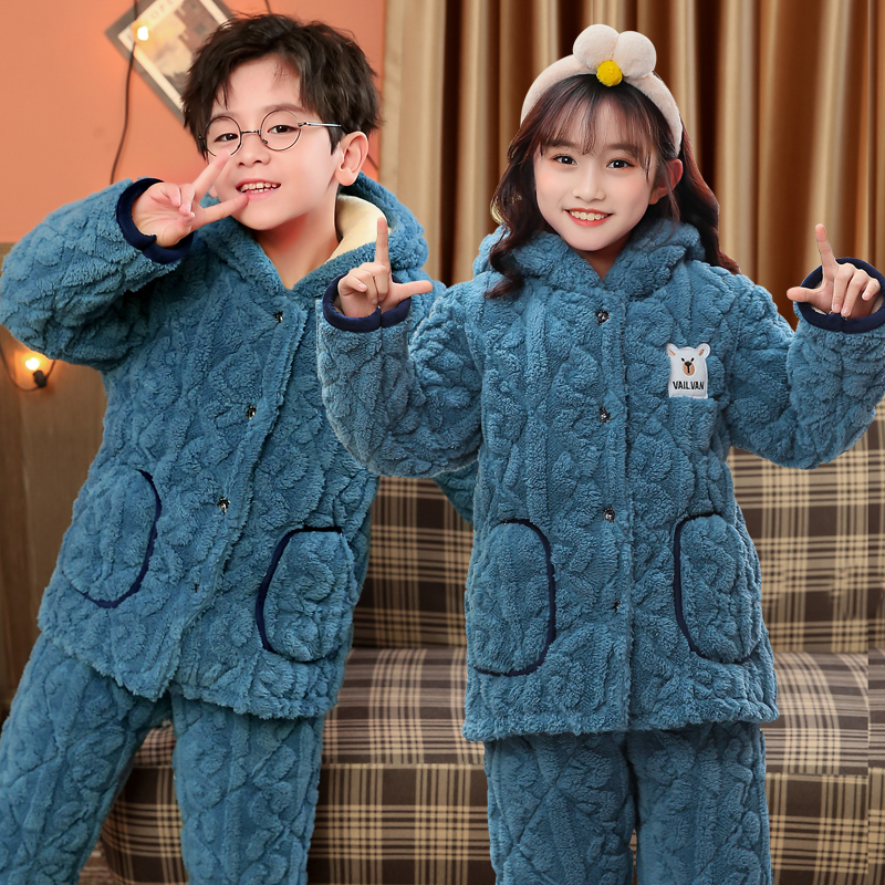 儿童睡衣男童冬季珊瑚绒三层夹棉加厚保暖中大童女孩X法兰绒家居