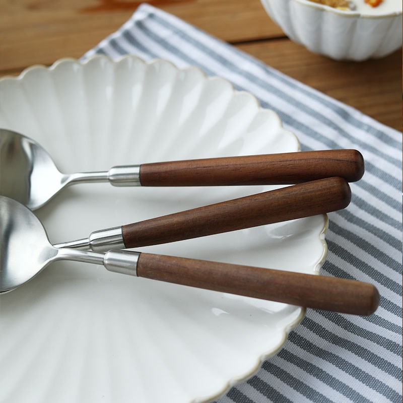复古胡桃木拉丝西餐具304不锈钢汤勺圆头勺子饭勺家.用餐勺日式