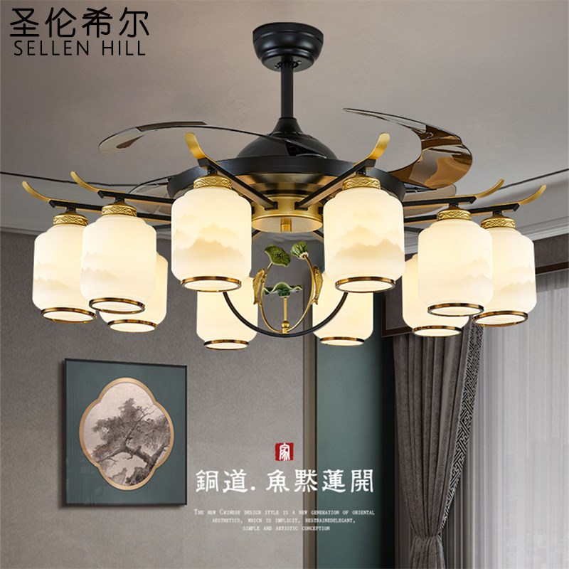 新中式隐形电风扇灯大气家用客厅灯现代J简约餐厅卧室静音带吊扇