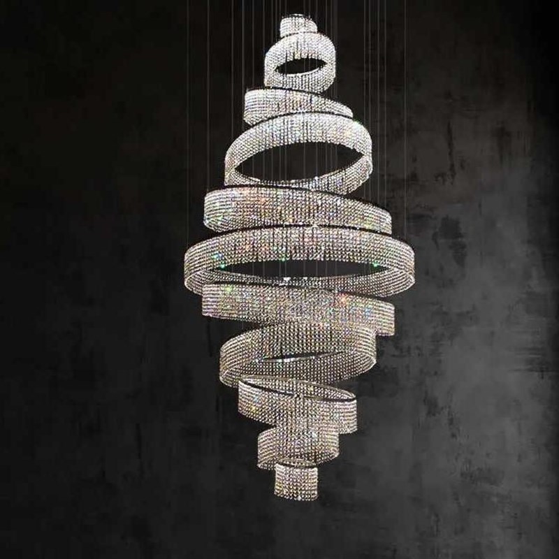 别墅复式楼大吊灯客厅水晶灯现代轻奢大气挑高环形旋转水晶客厅灯