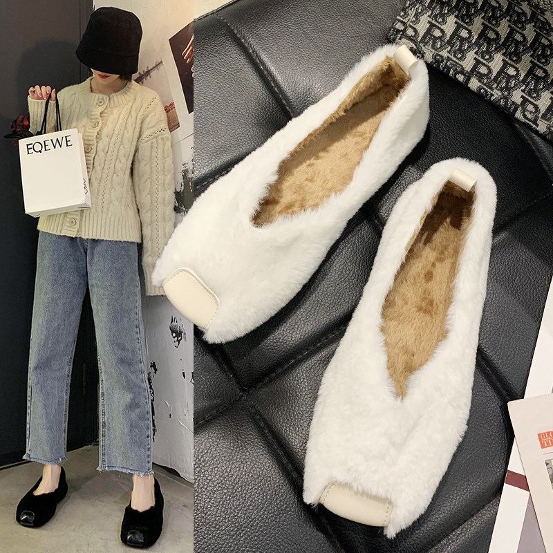 毛毛鞋女冬外穿加绒保暖豆v豆棉鞋孕妇懒人一脚蹬法式毛绒方头单