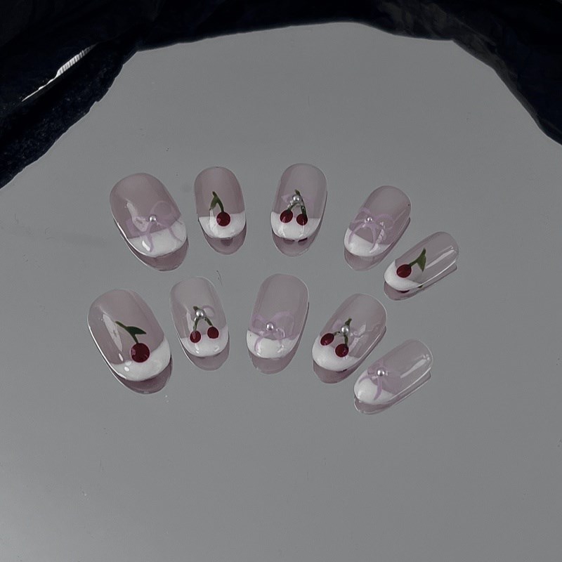 法式樱桃一秒h甜心辣妹系列小樱桃法式手工穿戴甲可爱少女风美甲