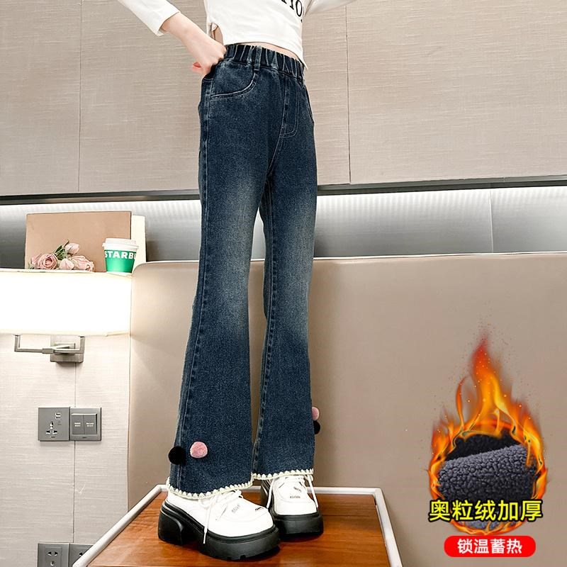 冬款女童加绒牛仔裤女宝宝喇叭裤弹力百搭时髦2024新款加厚保暖裤