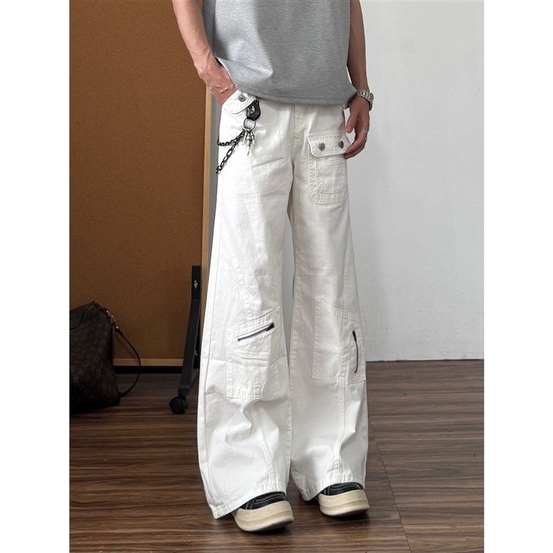q sdio白色微喇牛仔裤男女美式复古宽松阔腿休闲工装裤子长裤