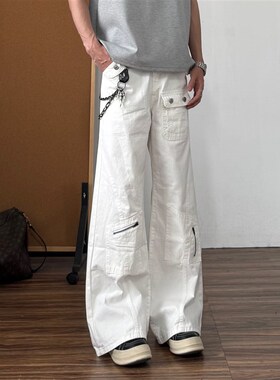 q sdio白色微喇牛仔裤男女美式复古宽松阔腿休闲工装裤子长裤