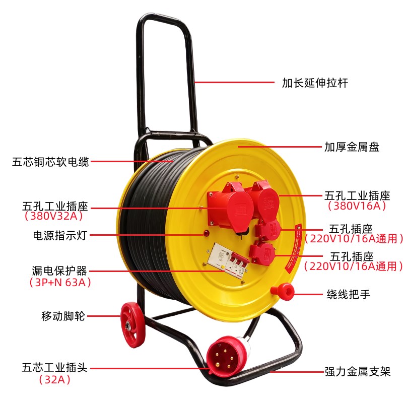 380V三相五线工业航空防雨防爆插座移动电缆盘拖线盘卷线盘电源盘