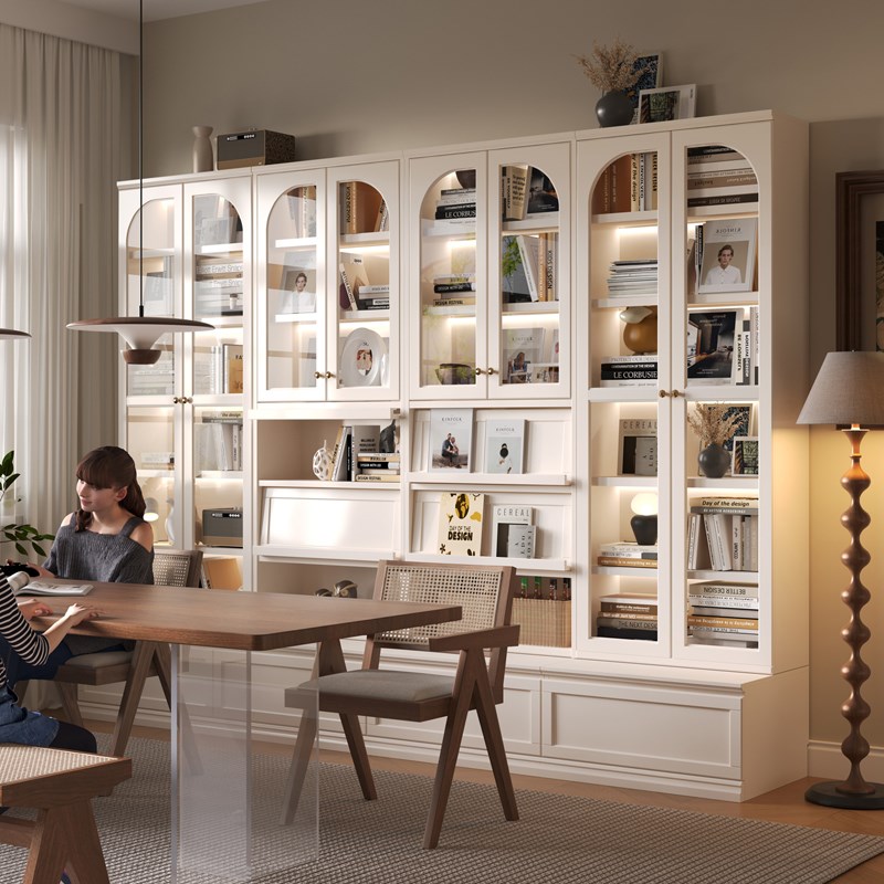 实木卡座书柜法式复古去客厅化书柜一体整墙储物书架带玻璃门防尘