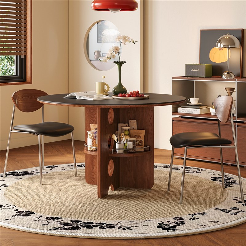 实木岩板餐桌中古风实木家用小户型高级感圆桌Q现代简约轻奢餐桌