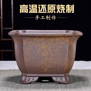 宜兴精品四方紫砂花盆高温还原柴烧四方盆景花盆金弹子老鸦柿老桩