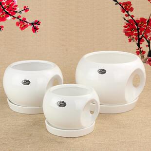 南叶 陶瓷花盆 典雅 圆球 圆形 带把手 圆球盆 带孔 带托盘