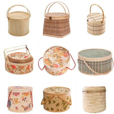 圆形竹篮竹筐竹编中秋月饼包装蓝竹盒礼品篮大小号精美Z环保竹篮