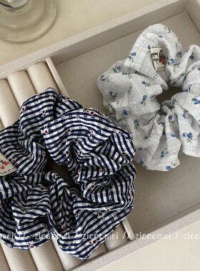 韩系复古蓝色碎花大肠发圈百搭少女格纹皮筋甜美丸子头发绳发饰女