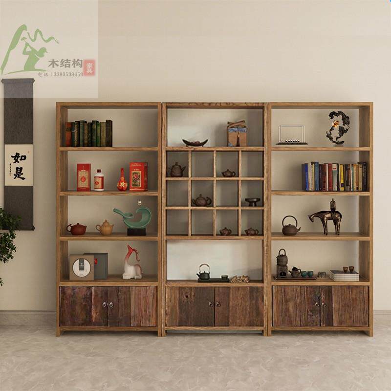 侘寂风博古架实木书柜老榆木茶室置物架民宿多宝阁茶叶收纳展示架