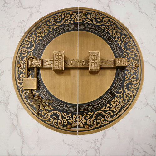 仿古纯铜大门门栓古铜色带回纹底圆形黄铜门锁实木中式老式栓门栓