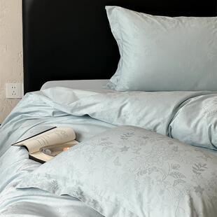 100支长绒棉提花花朵浅云蓝四件套1.5m1.8米全棉床单被套裸睡丝滑