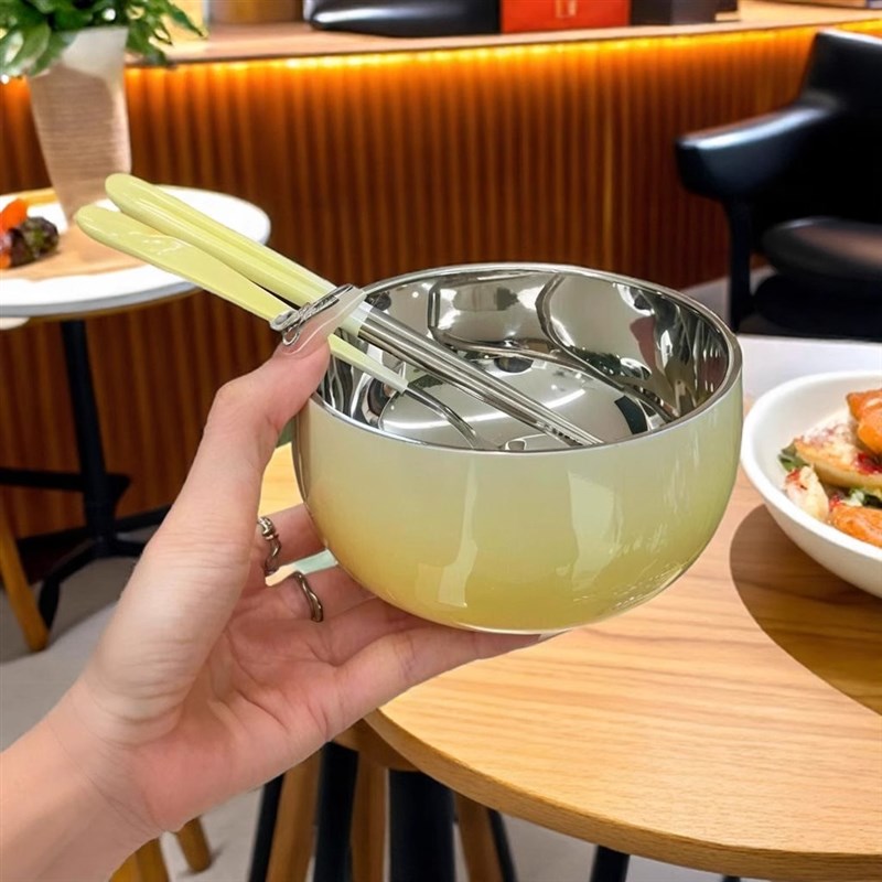 老板娘自用三件套不锈钢吃x饭碗家用一筷勺渐层色个人专用餐具