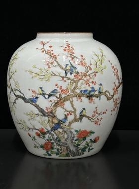 同治年制粉彩十二报喜紫边坛罐花瓶仿古瓷器中式家居客厅装饰摆件