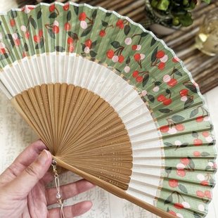 芷墨原创小清新双节雪纺夏季清凉女式随身折扇中国风扇子草绿樱桃