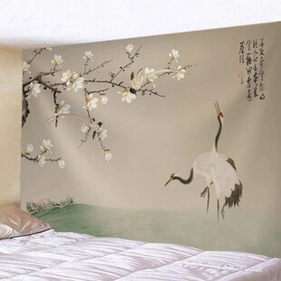 新中式山水花鸟装饰背景布古风桃花梅花背景墙布客厅卧室挂毯画布