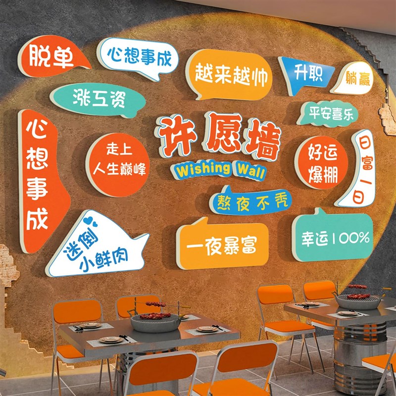 网红许愿墙烧烤饭店装饰创意墙面贴纸G画火锅餐饮背景板拍照区布