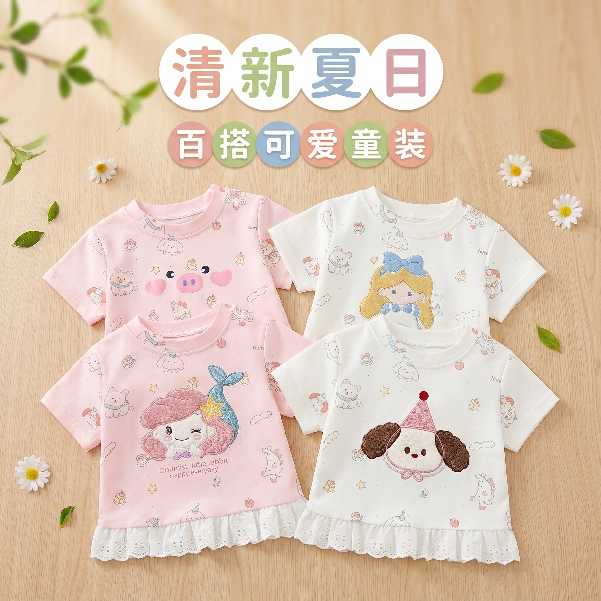 蜜娇萱女童夏季蕾丝印花短袖T恤图片
