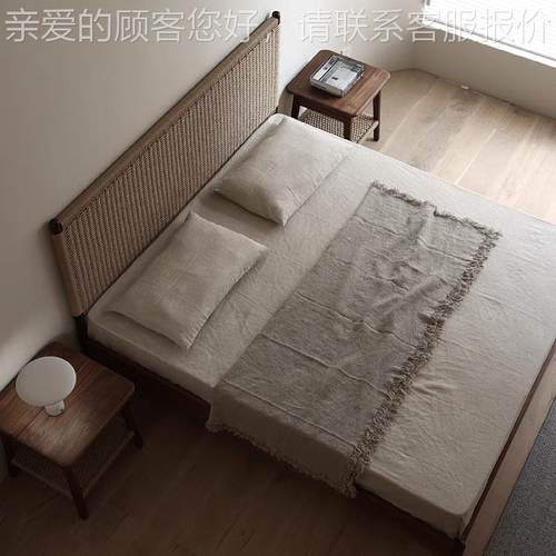 寂风现代简约古宿酒店家侘民梵高编织用卧室实木牛皮纸绳编织床复