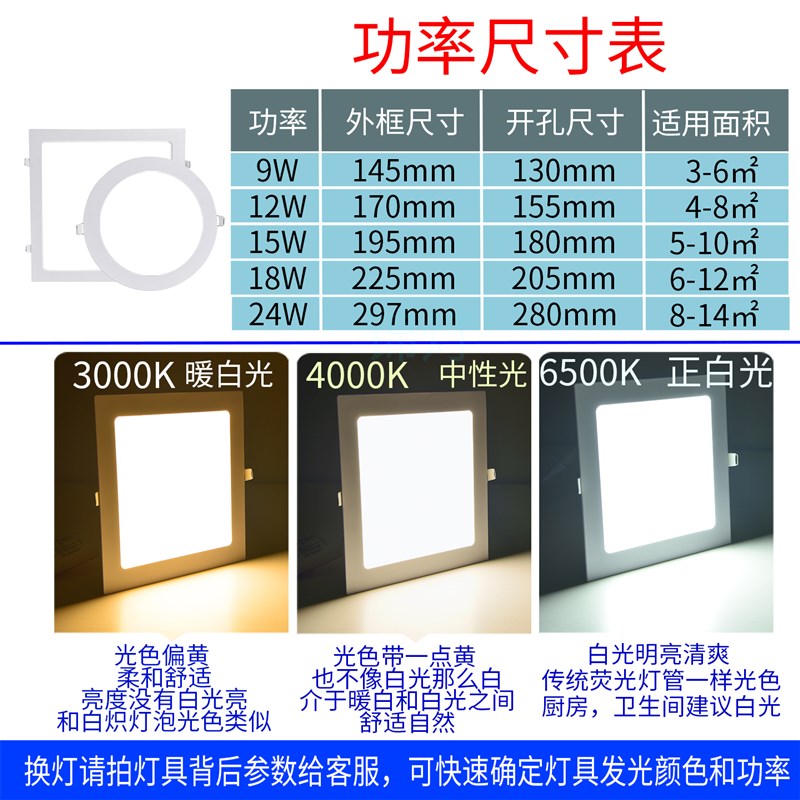 超薄筒灯圆形LED面板灯嵌入式方形厨卫灯照明化妆室灯卡扣式悬吊