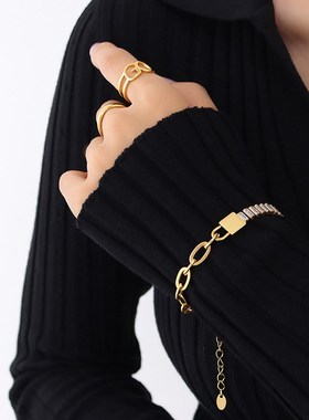 日韩ins冷淡风锁头锆石拼接金属链条 钛钢镀18K金 女生饰品  E035