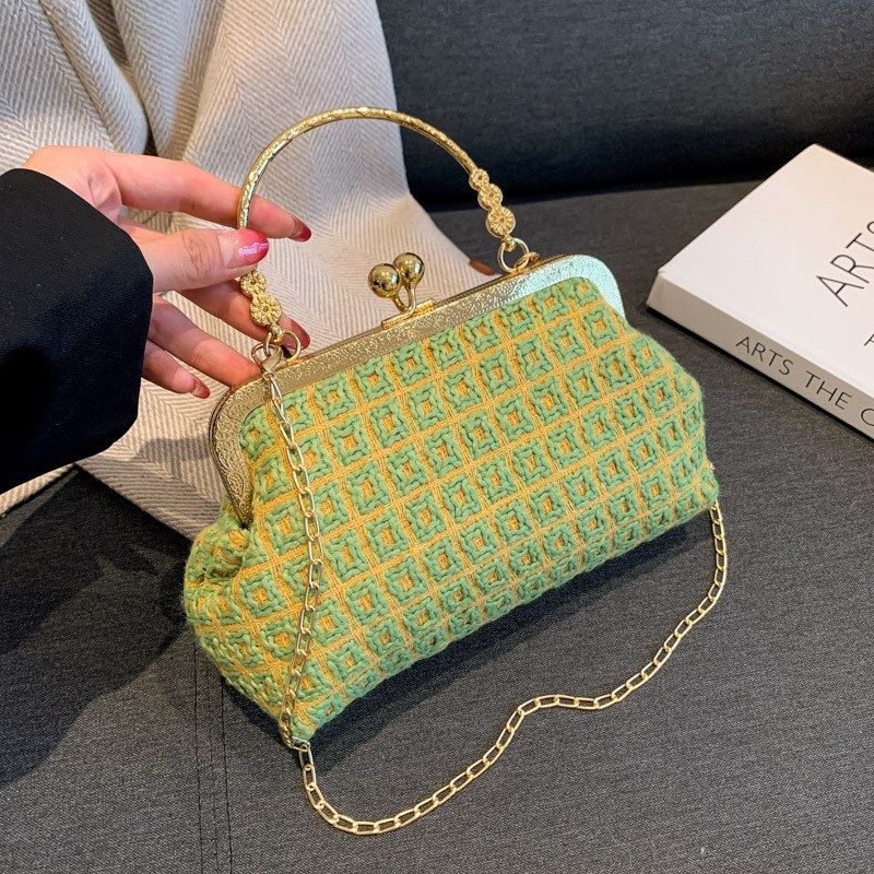 编织时尚锁扣手提包2023秋冬季新款百搭ins韩版女士链条斜挎包潮