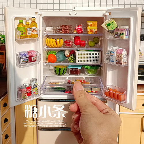 微缩食玩冰箱模型1:6迷你厨房娃屋用冰箱可亮灯 玩具