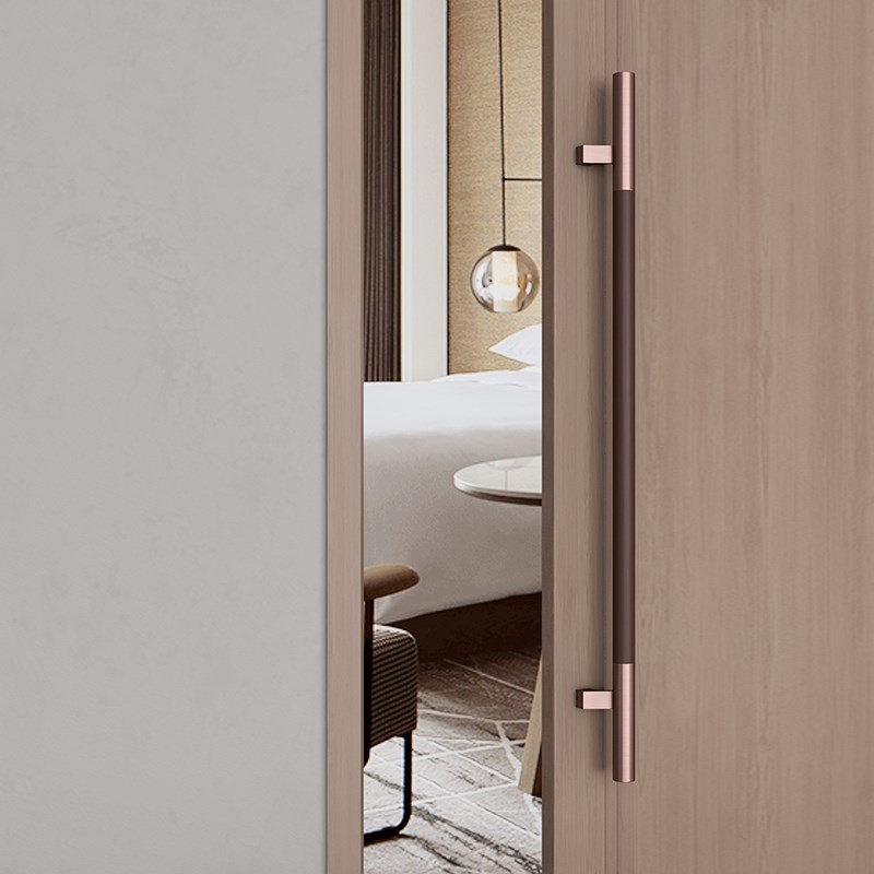 实木大门拉手中式玻璃门把手酒店会所大门拉手原木胡桃木色拉手